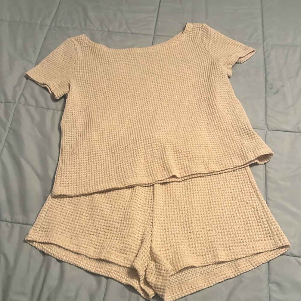 Matching short set, Size Large. Cream waffle print. Never worn